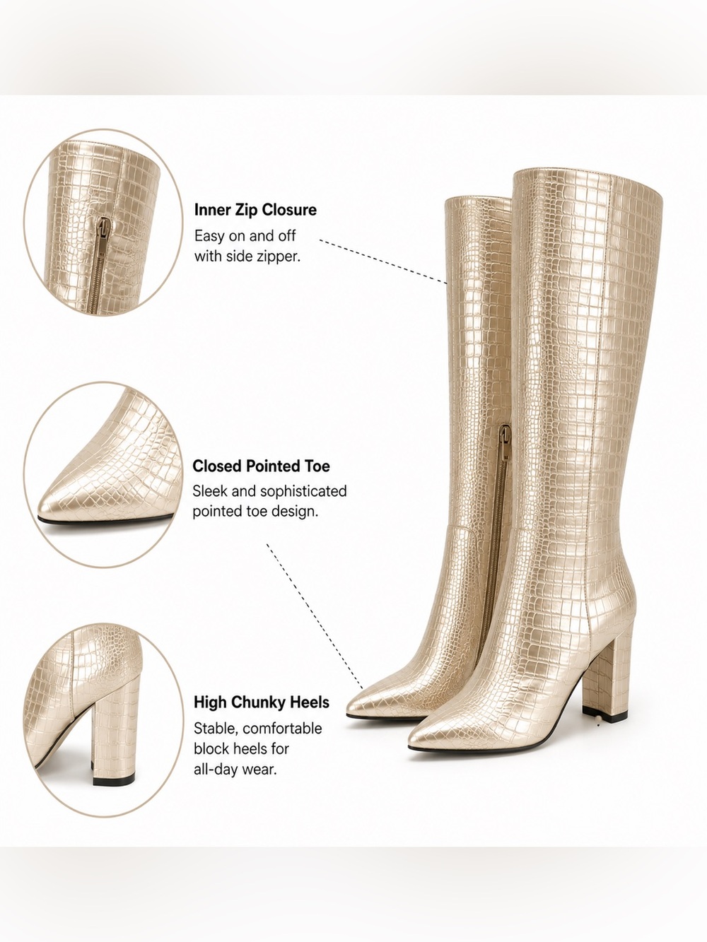 MODATOPE Gold Croc Knee High Fashion Boots Chunky Heel Pointed Toe Size 9  M